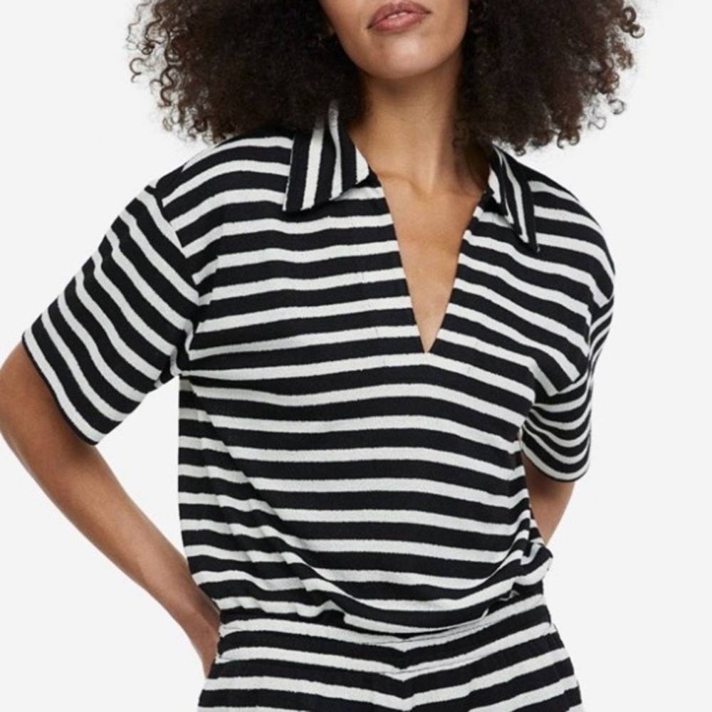 H&M Striped Textured Knit Top With Collar